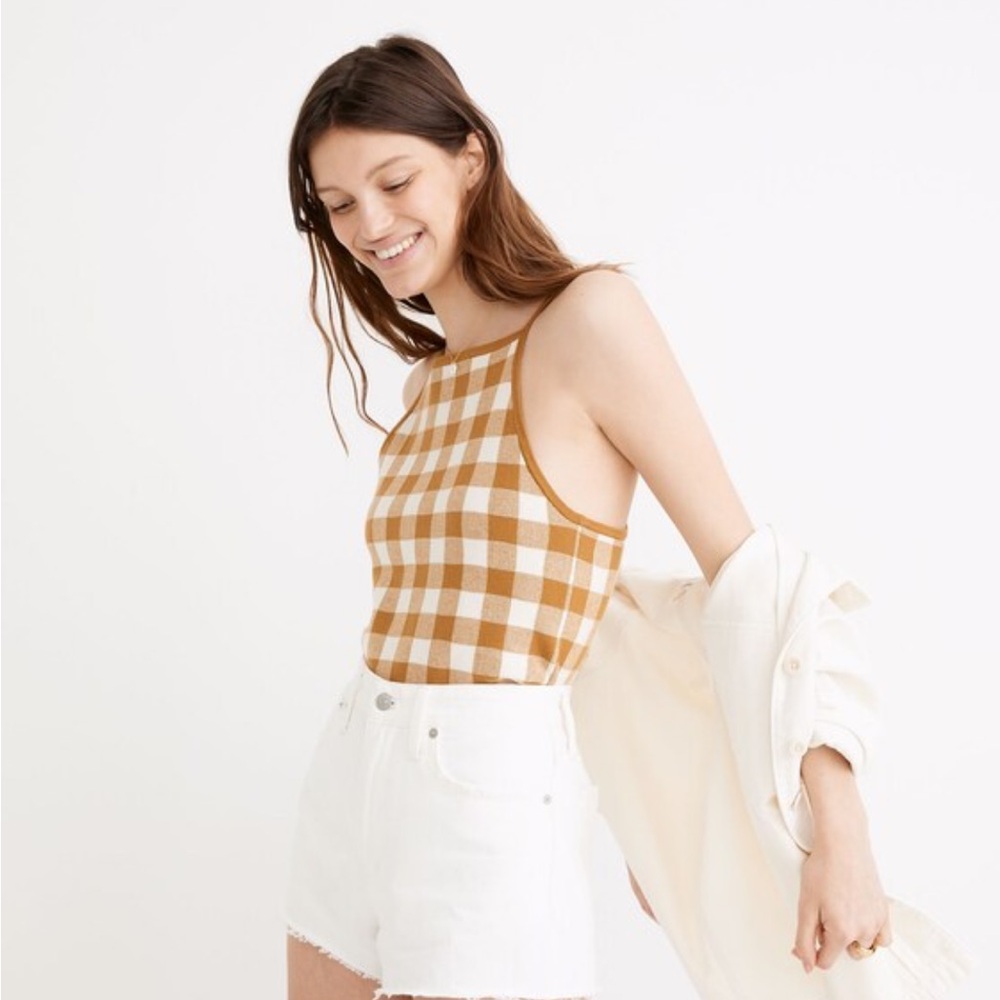 NWOT Madewell gold and cream gingham checked apron sweater cami sz xs